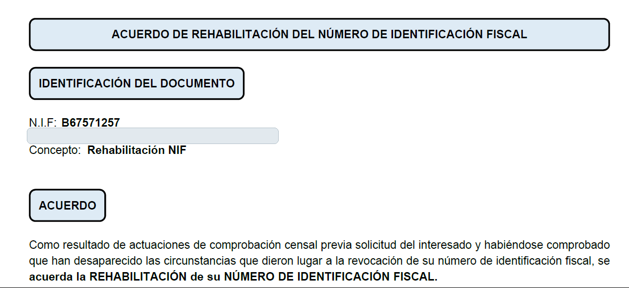 Acuerdo de rehabilitación del NIF de Univer Nort SL con referencia oculta