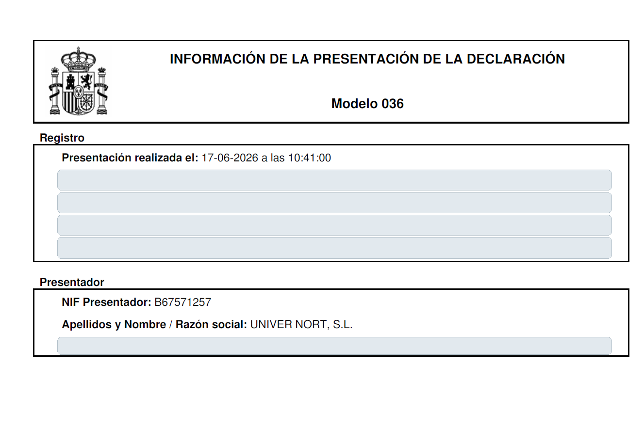 Presentación del modelo 036 de Univer Nort SL con datos sensibles ocultos